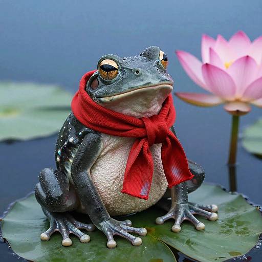 Photograph of a black and white frog with large yellow eyes, wearing a bright red scarf, sitting on a green lily pad, with a pink