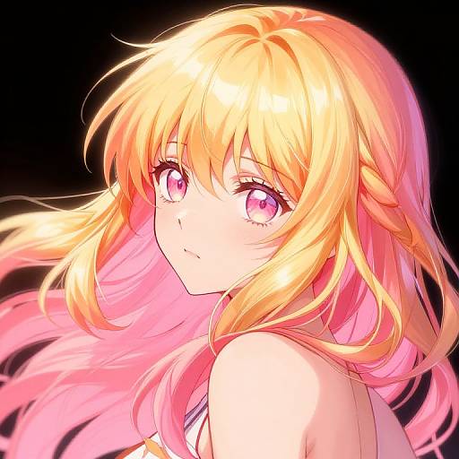 Digital anime-style portrait of a blonde girl with pink and yellow gradient hair, large pink eyes, and a gentle expression, set against a black background.