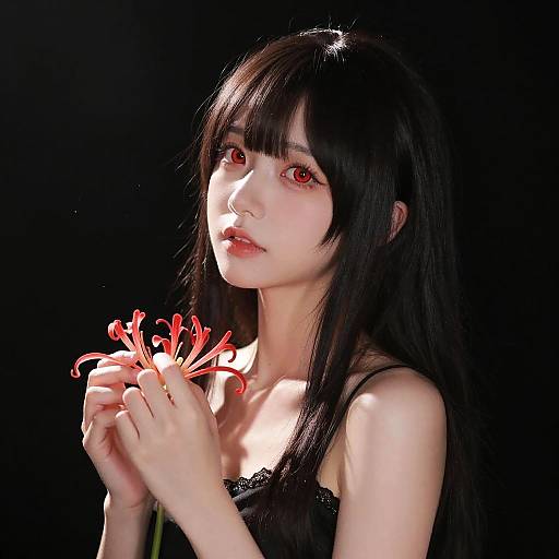Girl with Lycoris Flower and Red Eyes