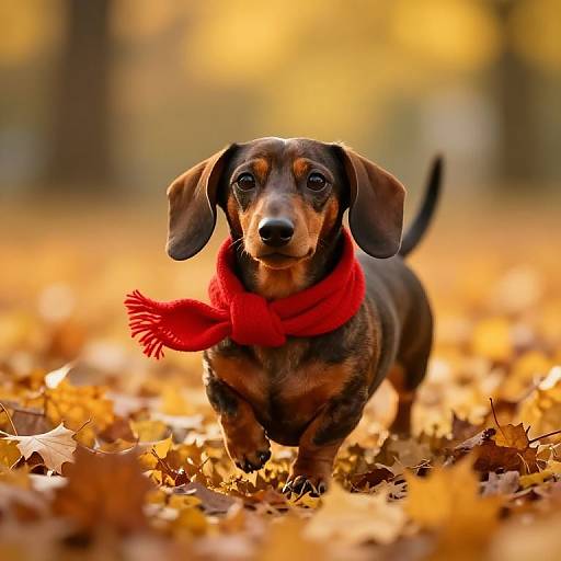 Photograph of a small, black and brown dachshund wearing a bright red scarf, running through a golden autumn forest with fallen leaves.