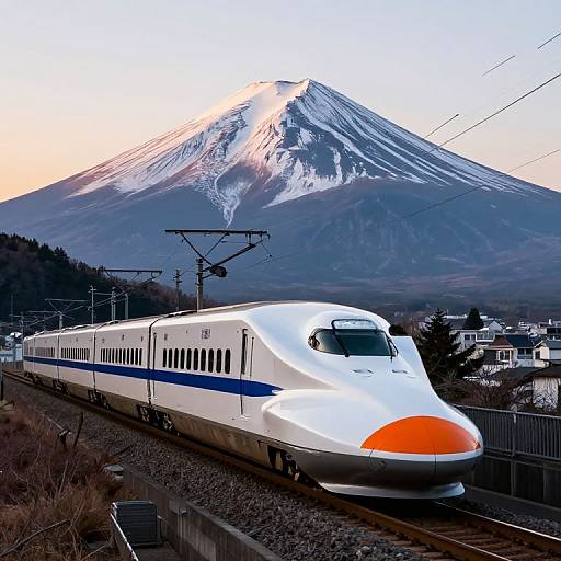 Photograph: White Shinkansen bullet train with orange front, traveling through snowy, mountainous landscape, Mount Fuji in background at sunset.