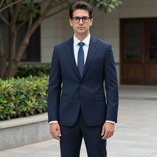 Photograph of a handsome, fair-skinned man with dark hair and black-framed glasses, wearing a navy suit, white shirt, and blue tie
