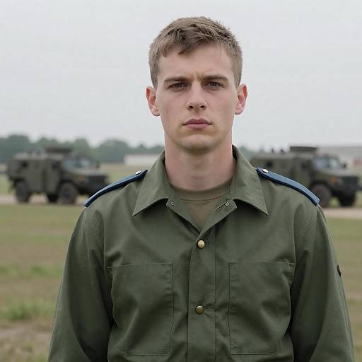 Serious Young Soldier in Overcast Field
