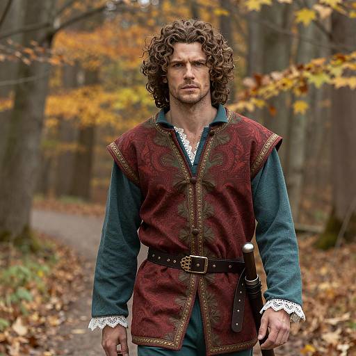 Handsome Man in Medieval Costume in Autumn