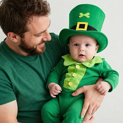 Photograph of a bearded man in a green shirt holding a baby dressed as a leprechaun with a green hat and outfit.