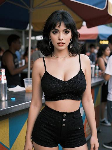 Photorealistic digital image of an Asian woman with dark hair, wearing a black glitter crop top and high-waisted black shorts, standing at a