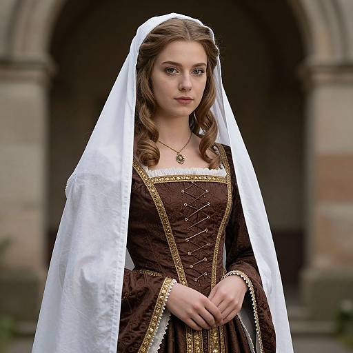 Photorealistic digital image of a young Caucasian woman with light brown hair, wearing a medieval brown dress with gold trim and white veil, standing in front