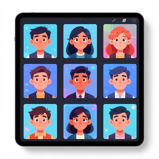 Digital illustration of a tablet screen displaying eight colorful cartoon headshots of diverse individuals with various hair colors and styles.