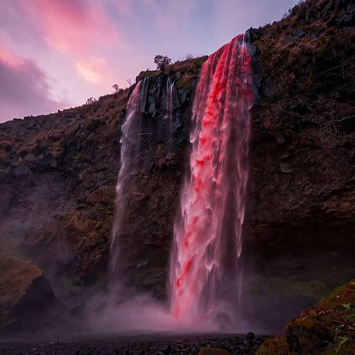 Photograph of a dramatic waterfall cascading down a dark, rocky cliff with vivid red and pink streaks in the falling water, set against a twilight