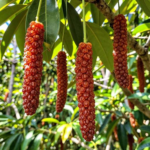 Photograph of vibrant red, cluster-shaped fruit hanging from a tree with broad green leaves, set against a sunlit, leafy background.