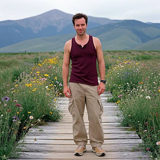 Photograph of a muscular man in a maroon tank top and beige cargo pants standing on a wooden path through a colorful wildflower meadow with mountains