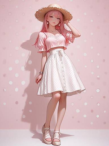 Anime-style digital drawing of a pink-haired girl in a white dress, straw hat, and sandals, standing against a pink, polka-dotted background