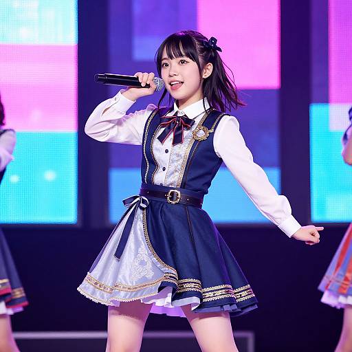 Photograph of an Asian female singer with black hair in pigtails, wearing a white blouse and navy dress with gold trim, holding a microphone,