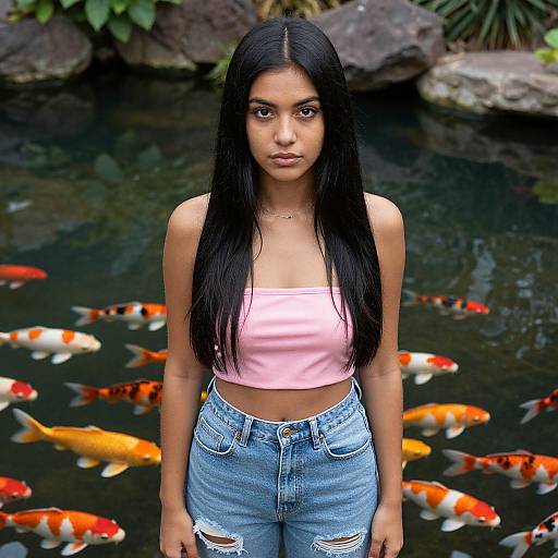Young Woman by Koi Pond