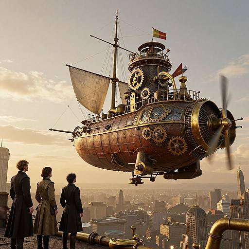 Steampunk airship with gears, sails, and flag hovers above a cityscape at sunset; three silhouetted figures observe from a
