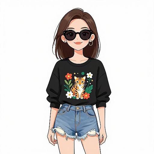 Digital illustration of a cute Asian woman with straight brown hair, wearing black sunglasses, black graphic sweatshirt with tiger and flowers, and frayed denim shorts
