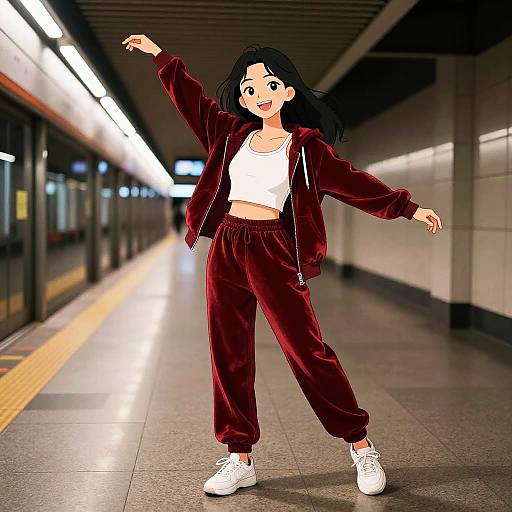 Youthful Female Dancer in Red Tracksuit