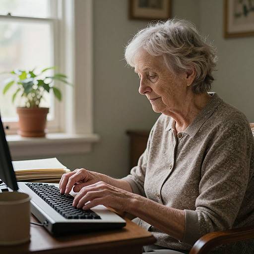 Photograph of an elderly woman with short gray hair, wearing a beige cardigan, typing on a laptop in a sunlit room.