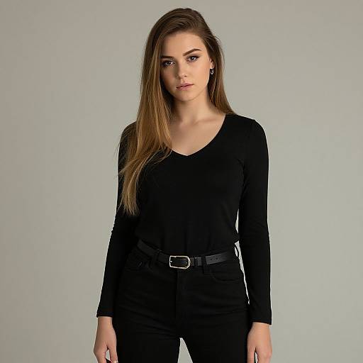 Photograph of a young woman with long brown hair, wearing a black long-sleeve V-neck top and black pants, belted at the waist