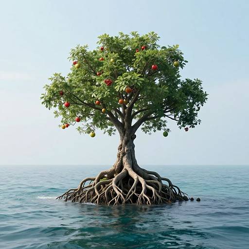 Photorealistic image of a tree with green leaves and red apples, rooted in clear blue water, standing alone against a bright sky.