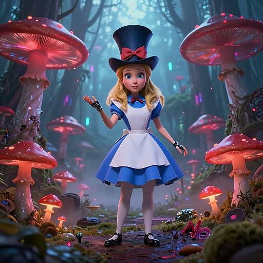 Digital illustration of a blonde Alice in Wonderland character in a blue dress and top hat, standing in a glowing mushroom forest.