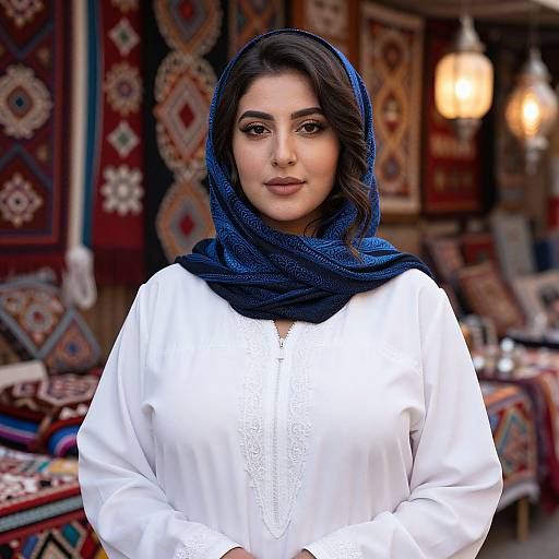 Photograph of a young South Asian woman with dark hair, wearing a blue hijab and white embroidered tunic, standing in a colorful, patterned