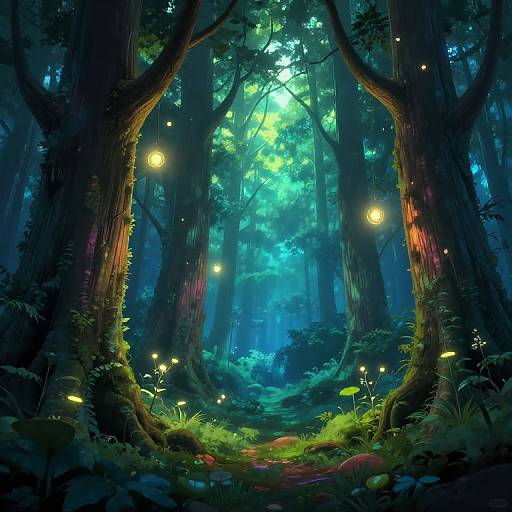 Enchanting forest scene with glowing fireflies, luminous lanterns, and a magical blue-green light filtering through dense, towering trees. Digital art