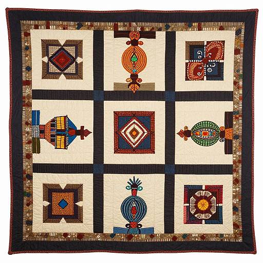 Photograph of a colorful, geometric quilt with black border, featuring nine intricate, patterned blocks in a 3x3 grid layout.
