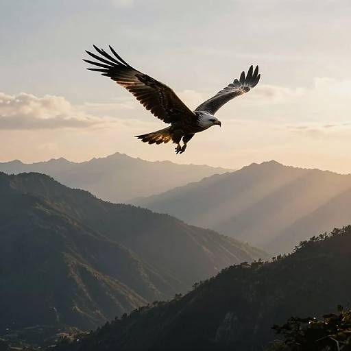Photograph of a majestic eagle soaring over a mountain range at sunset, with sunlight filtering through distant, layered peaks.