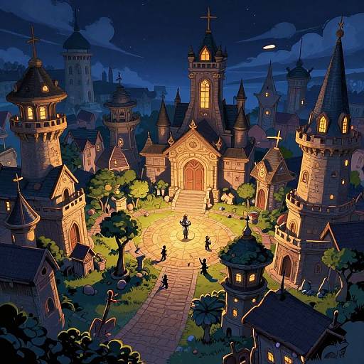 Digital fantasy illustration of a glowing, illuminated medieval castle town at night, with silhouetted figures, towers, and a starry sky. Warm
