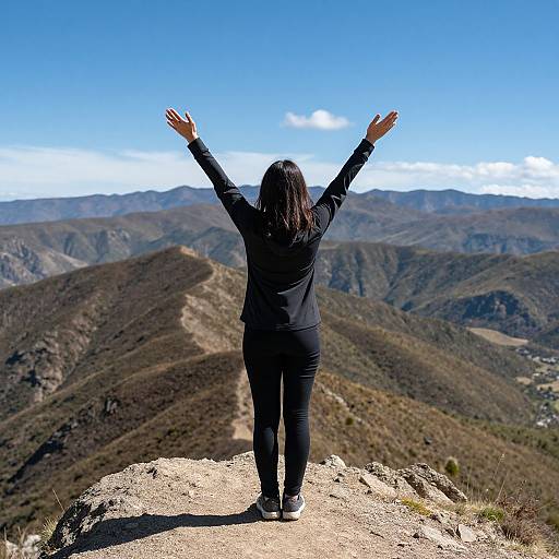 Photograph of a woman with long black hair, wearing a black jacket and pants, standing on a rocky peak, arms raised, facing vast, mountain