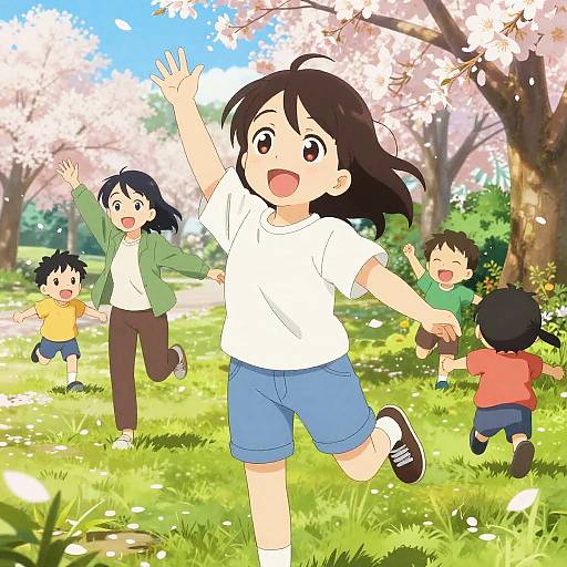 Anime-style digital drawing of five children joyfully playing in a sunny, cherry blossom-filled park with bright blue sky and green grass.