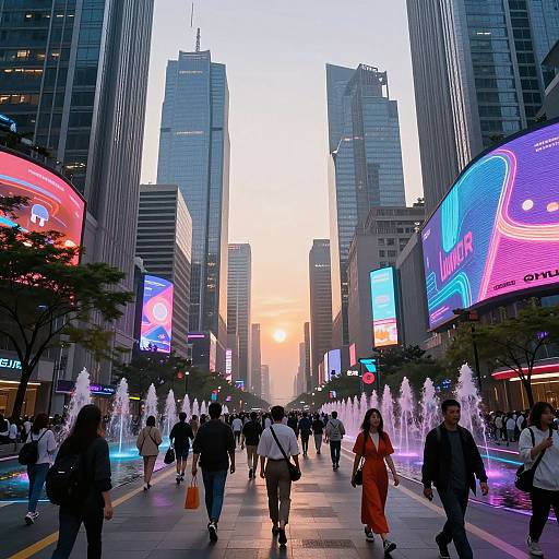 Photograph of a bustling urban street at sunset, featuring neon billboards, fountains, and diverse pedestrians in a city surrounded by tall skyscrapers