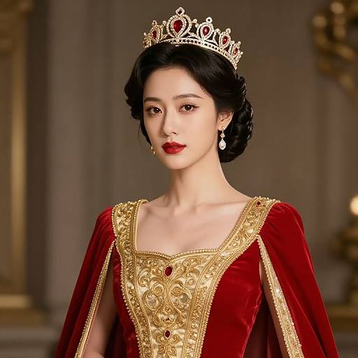 Regal Woman in Red and Gold Dress