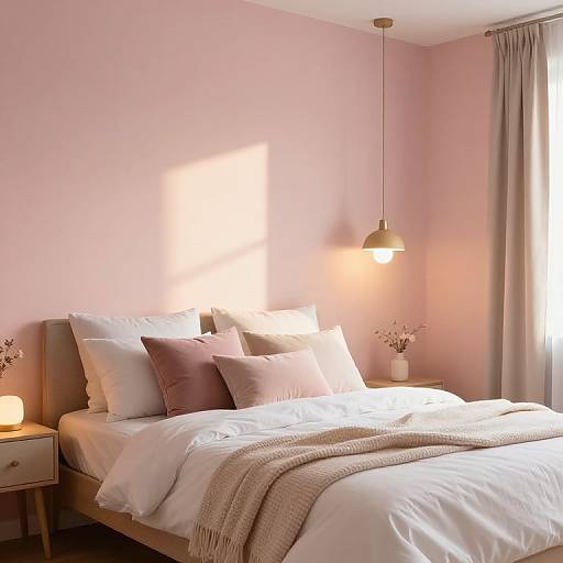 Photograph of a cozy, minimalist bedroom with pink walls, white bedding, gray pillows, beige blanket, brass pendant light, and soft natural light from