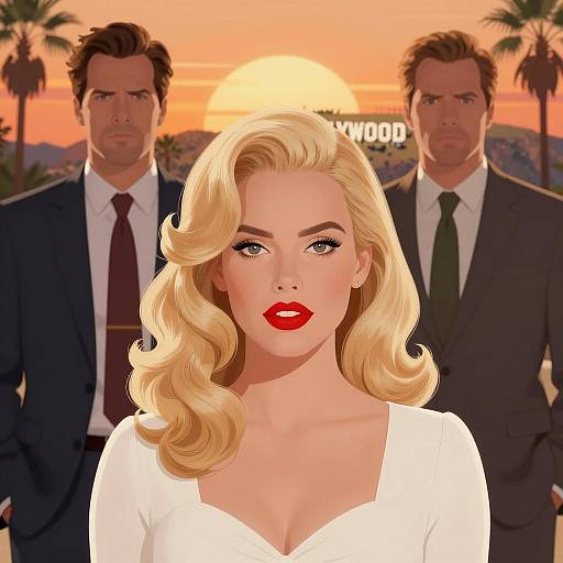 Blonde Woman and Serious Men at Sunset