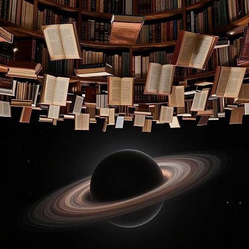 Digital artwork: Floating open books surround a dark, ringed Saturn-like planet against a black, starry background in a library setting.