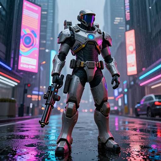 Cyberpunk-style CGI image of a futuristic armored soldier with glowing blue chest piece, holding a gun, standing in a rainy, neon-lit city