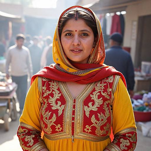 Photograph of an Indian woman with medium skin tone, dark hair, and a red and yellow traditional embroidered dress, standing in a bustling market with blurred