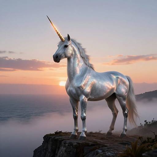 Photograph of a shiny silver unicorn with a glowing horn, standing on a cliff at sunrise, against a misty, colorful sky.