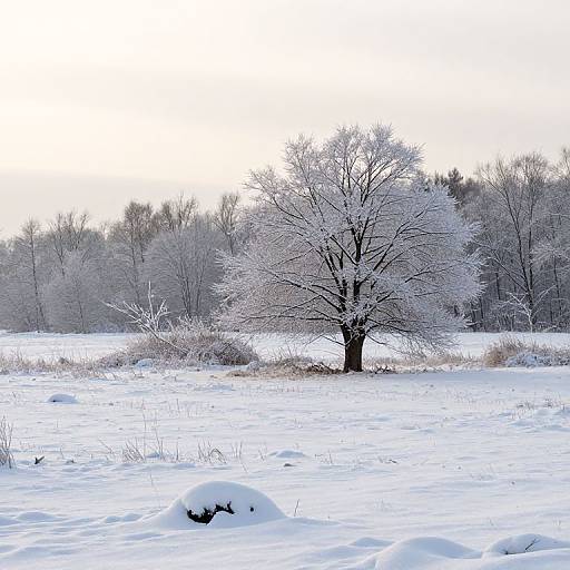 Photograph of a snow-covered field with a lone, frost-coated tree centered, surrounded by snow-draped bushes and trees in the background.