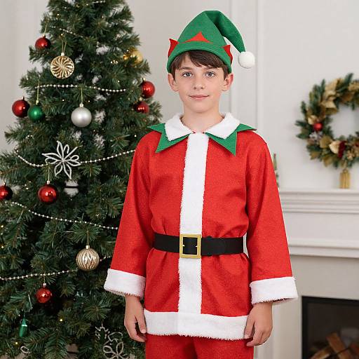 Photograph of a young boy with fair skin, dark brown hair, wearing a green elf hat and red Santa outfit, standing in front of a decorated