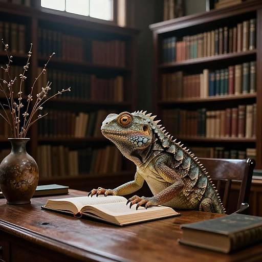 Photograph of a green iguana with spiked back, sitting on a wooden desk in a library, reading an open book. Background: tall book