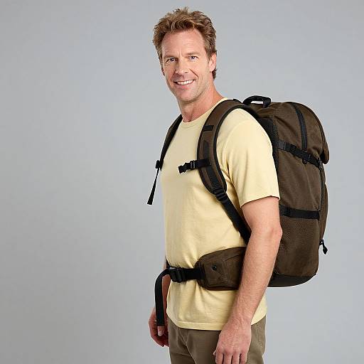 Photograph of a smiling, middle-aged man with short, light brown hair, wearing a yellow shirt and brown pants, carrying a large black backpack against