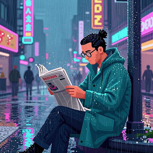 Pixel art of a nerdy man with glasses, black hair in a bun, reading a newspaper in a neon-lit rainy city street.