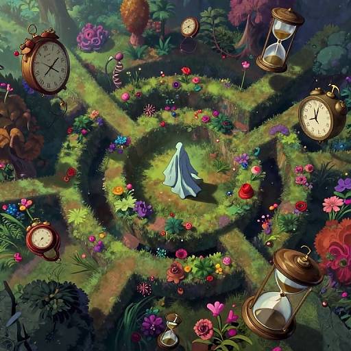 Digital illustration of a whimsical garden maze with colorful flowers, a white ghostly figure, and floating antique clocks and lanterns.