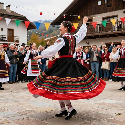 Photograph of a woman in traditional Balkan folk dance attire, black dress with red and green embroidery, white blouse, black shoes, performing outdoors in