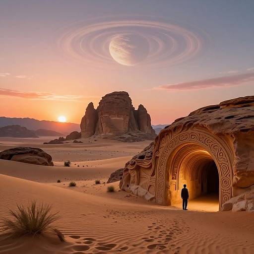 Photograph of a lone figure standing in a glowing, intricately carved desert archway at sunset, with a crescent moon in a swirling sky above