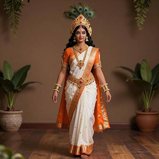 Indian Goddess in Traditional Orange and White Sari