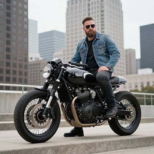 Photograph of a bearded man with dark hair, wearing sunglasses, denim jacket, and black clothing, sitting on a black motorcycle in an urban setting